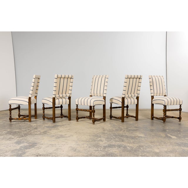 Antique French Louis XIII Dining Chairs in Blue Striped Jacquard, Set of 12 For Sale In New York - Image 6 of 18