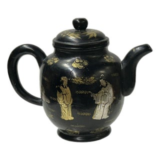 Chinese Black Glaze Golden Graphic Yixing Zisha Clay Teapot Art For Sale