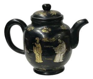 Chinese Black Glaze Golden Graphic Yixing Zisha Clay Teapot Art