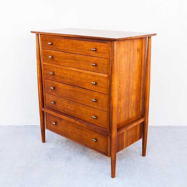 Brown Restored 1950s Mount Airy Walnut & Brass Sculptural Mid Century Highboy Dresser, Attributed For Sale - Image 8 of 14