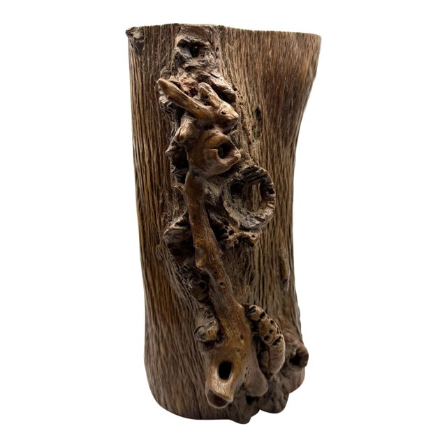 Vintage Natural Burl Wood Brush Pot For Sale