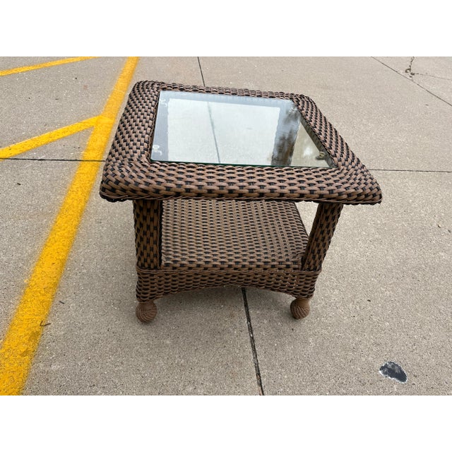 2000 - 2009 Tommy Bahama Wicker Glass Top Table For Sale - Image 5 of 5