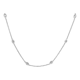14K White Gold 1.00 Cttw Bezel Set Round Diamond Marquise Shaped Milgrain Station 18" Collar Necklace (G-H Color, SI1-SI2 Clarity) For Sale
