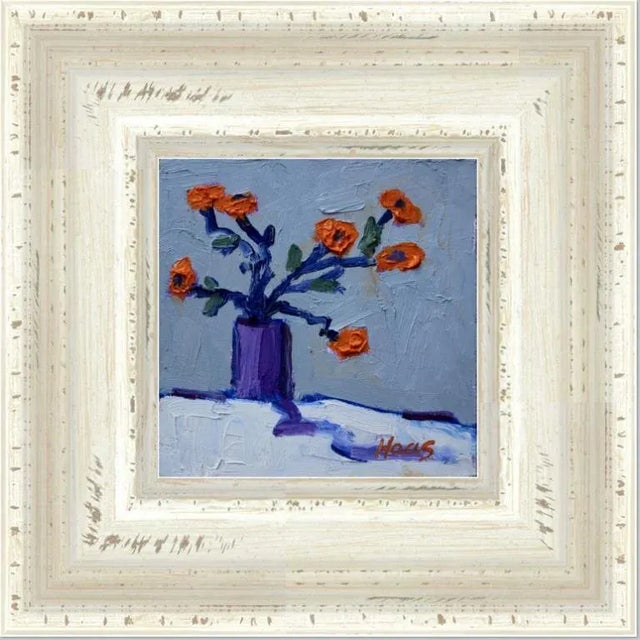 Contemporary Still Life With Orange Flowers in Purple Vase Oil Painting For Sale - Image 3 of 7