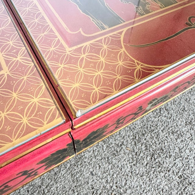 Chinese Red and Gold Lacquered Hand Painted Extendable Dining Table With Glass Top For Sale - Image 12 of 12