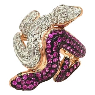Snake Diamond Ruby & Green Garnet 18k Rose Gold Ring, Size 6 For Sale