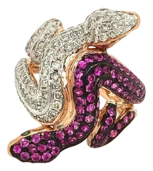 Snake Diamond Ruby & Green Garnet 18k Rose Gold Ring, Size 6