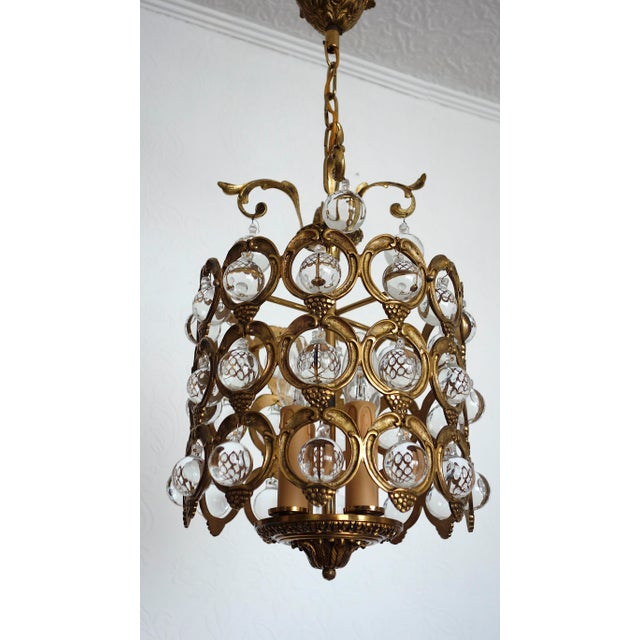 Antique French Brass and Crystal Ball 4-Light Chandelier, 1930s For Sale - Image 4 of 18