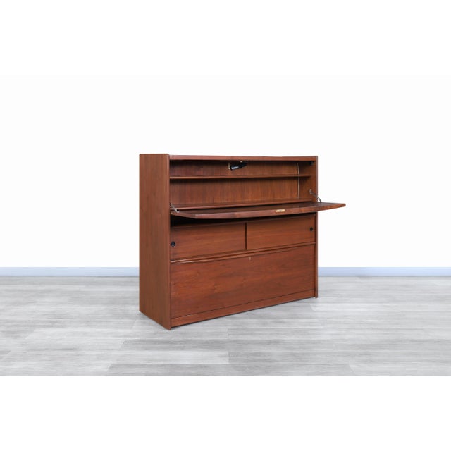 Mid-Century Modern Mid-Century Modern Walnut Drop-Front Dry Bar Cabinet With Shelving For Sale - Image 3 of 13