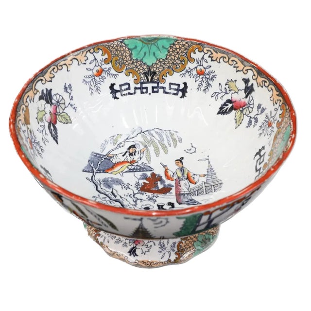 Antique Late 19th C. Chinese Porcelain Footed Bowl Having Figural Courtyard Scene in Interior Surrounded by Floral Design,...