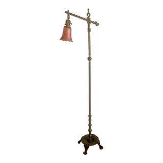 1910s Fine Rembrandt Bridge Floor Lamp, All Original, Arts & Crafts, Mission Style, Carnival Glass Shade For Sale