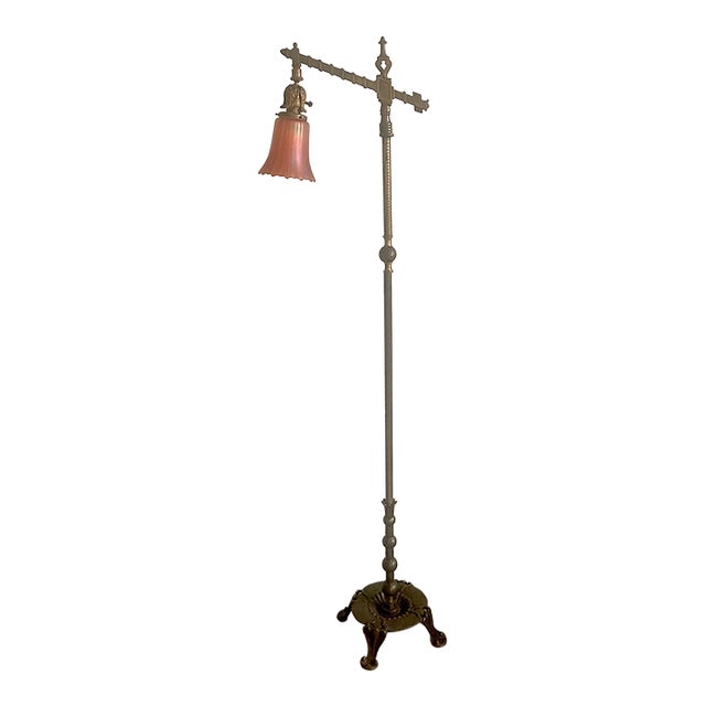 1910s Fine Rembrandt Bridge Floor Lamp, All Original, Arts & Crafts, Mission Style, Carnival Glass Shade For Sale
