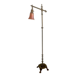1910s Fine Rembrandt Bridge Floor Lamp, All Original, Arts & Crafts, Mission Style, Carnival Glass Shade