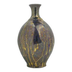 Late 20th Century Leon Nigrosh Iridescent Luster Purple Glazed With Marble Gold Patterns Pottery Vase Signed