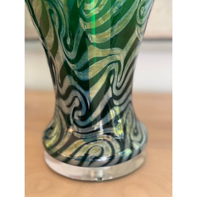 Glass Emerald Green Vintage Murano Lamps With Iridescent Glass Swirl Effect For Sale - Image 7 of 12