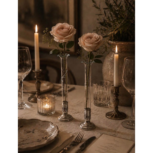 An elegant and refined pair of antique bud vases, each combining a slender etched glass tube with a weighted sterling...