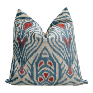 Blue Ikat Silk Velvet Throw Pillow 20x20 | Handmade Designer Accent Pillow For Sale