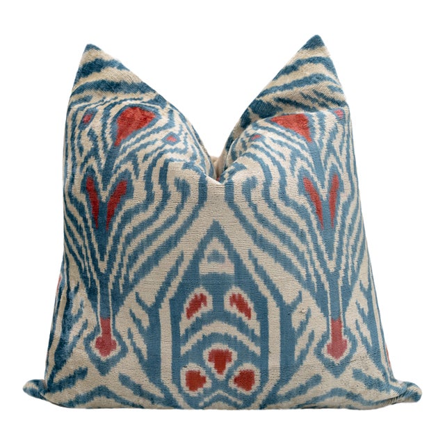 Blue Ikat Silk Velvet Throw Pillow 20x20 | Handmade Designer Accent Pillow For Sale