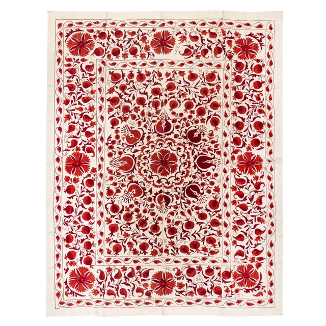 6.5x8 Ft Silk Wall Hanging in Red & Cream, Embroidered Bedspread, New Tablecloth For Sale - Image 4 of 4