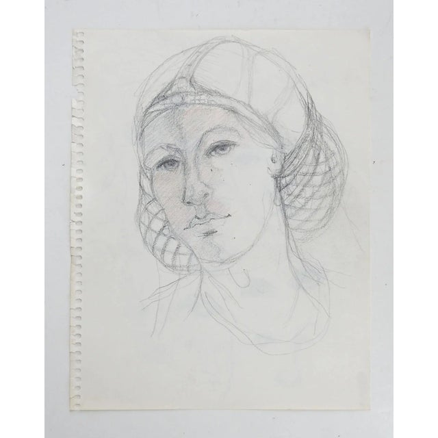 Mid century pencil on paper portrait of woman in netted headdress by Eva Templeton Kraus (20th Century) Texas. Unsigned,...