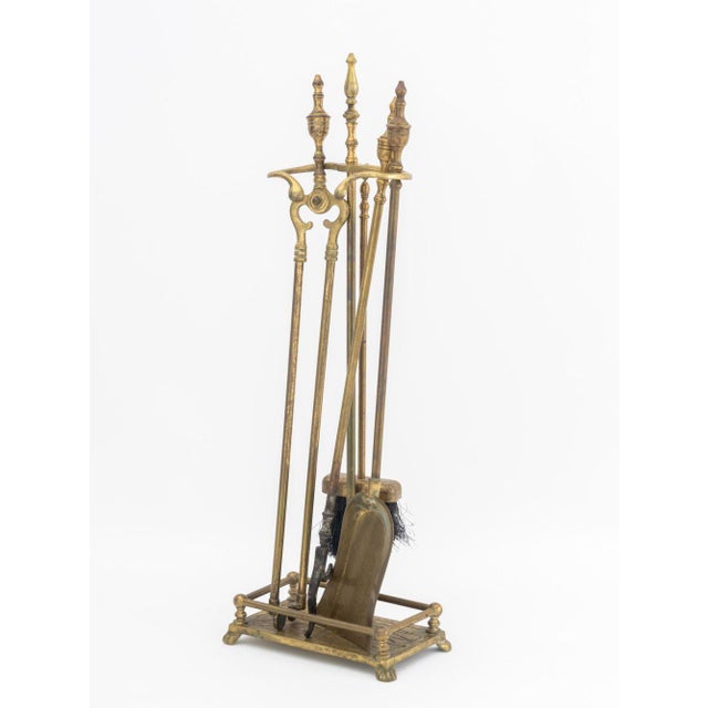 Federal Style Brass Five-Piece Fireplace Tools Set, comprising: shovel, poker, brush, tongs, and stand. Overall: 28.75" H...
