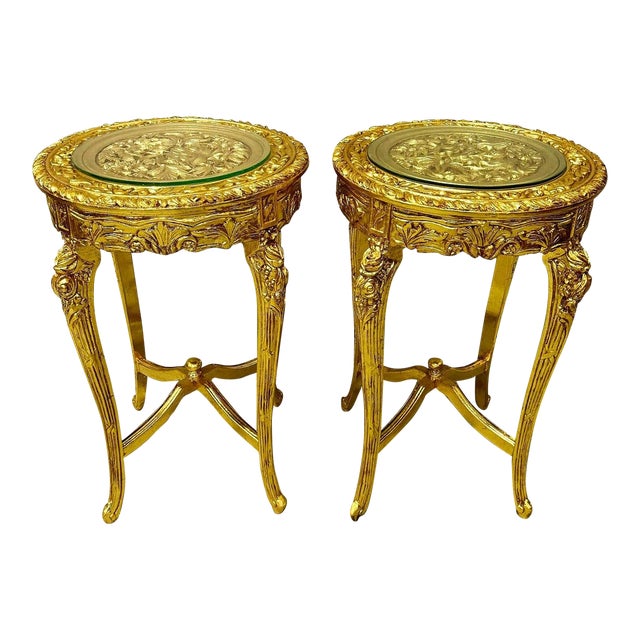 Gold Side Tables Set Glass Topped French Style For Sale