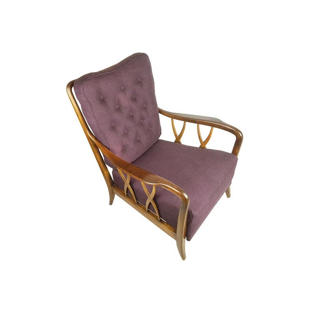 Wood & Purple Fabric Armchair attributed to Paolo Buffa, 1950s For Sale - Image 12 of 12