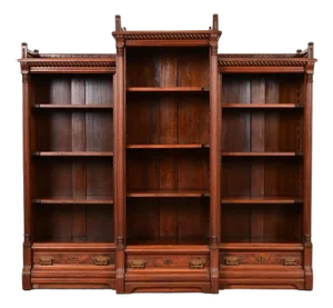 Herter Brothers Style Antique Eastlake Victorian Carved Walnut and Burl Wood Triple Bookcase, Circa 1880s