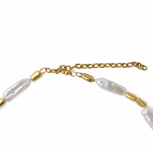Metal White Peonies Baroque Pearls Gold Bead Necklace For Sale - Image 7 of 7