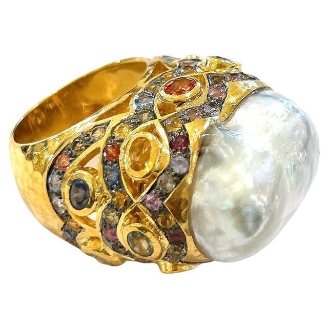 Bochic “Orient” Multi Sapphire & Pearl Cocktail Ring Set In 18K Gold & Silver, Size 7 For Sale