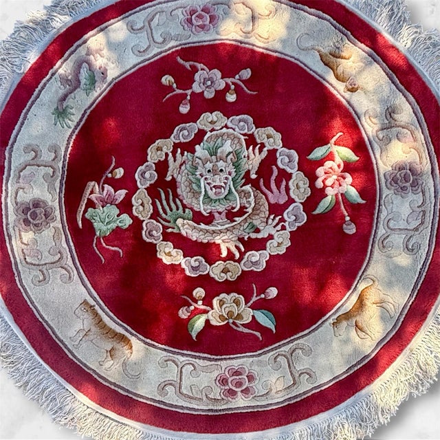 Beautiful Mid-Century Vintage, Hand-Knotted Chinese Wool Round Accent Rug - featuring an exquisite, ornate imperial five-...