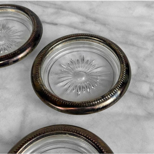 Metal Vintage Victorian Italian Silverplate Glass Sunburst Drink Coasters - Set of 5 For Sale - Image 7 of 9
