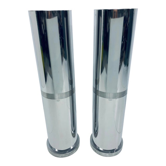 Polished Steel Tall Circular Pedestal Tables With Brushed Steel Banding - a Pair For Sale