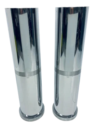 Polished Steel Tall Circular Pedestal Tables With Brushed Steel Banding - a Pair