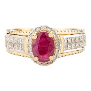 Oval Shaped Ruby & Cluster Diamond Cocktail Ring Size 6.5 For Sale