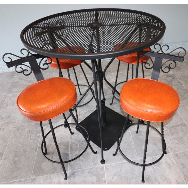 Metal Vintage Spanish Revival Wrought Iron Swivel Bar Stool Set With Matching Mesh Bar Table & Heavy Umbrella Stand – Mid-Century, Orange Vinyl For Sale - Image 7 of 12