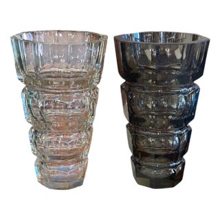 1930s Pair of Art Deco Cut Crystal Vases in the Manner of Josef Hoffmann for Moser. For Sale