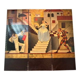 1927 N. Goultch Three Panel Fold Oil Painting on Canvas Screen For Sale