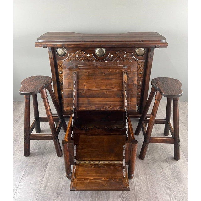 20th Century Rustic Carved Wooden Bar with Stools and Wine Chest, Set of 4 For Sale - Image 13 of 13