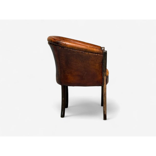 Brown Georgian Style, Distressed Brown Leather, Stained Wood, Tub Chair, Usa, 1960s For Sale - Image 8 of 9