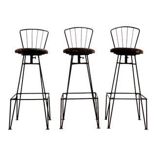 Vintage Set of Italian Iron Swivel Stools With Velvet Seats For Sale