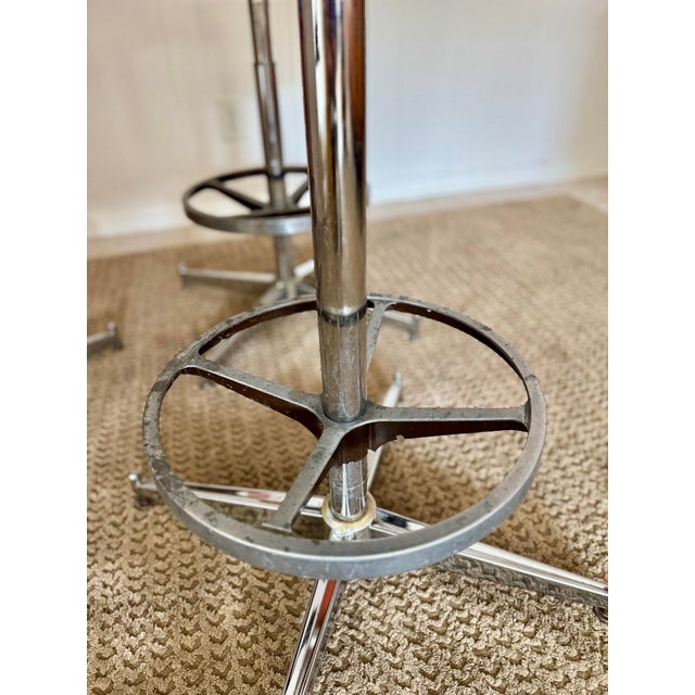 A Set of 3 Swivel Bar Stools Attributed to Daystrom Furniture of Boston, Featuring a Taupe Faux Leather Upholstery With Chrome Frames, Circa 1970s. For Sale - Image 11 of 12