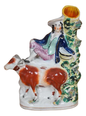 Antique 19th Century Staffordshire Porcelain Cow Shepherd Spill Vase