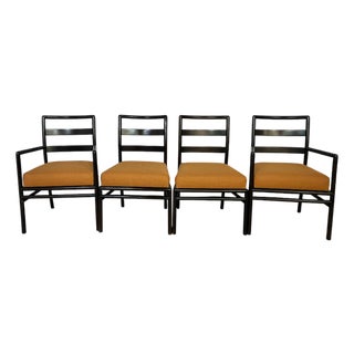 Black Lacquer Dining Chairs in Orange Upholstery Attributed to t.h. Robsjohn-Gibbings for Widdicomb For Sale