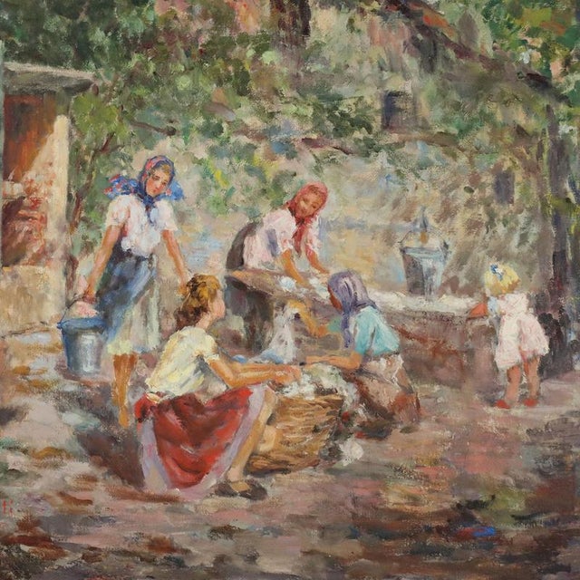 Elena Bagnati, Scene with Women at the Washhouse, Oil Painting on Canvas, Framed For Sale - Image 3 of 12