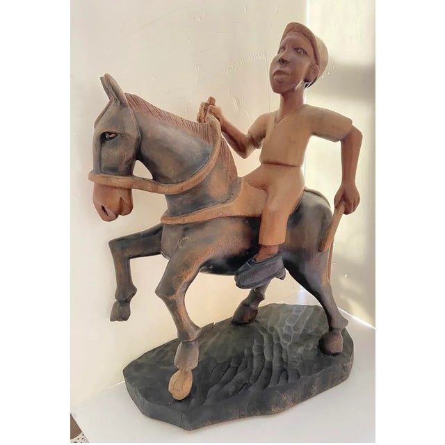 Folk Art Wood Jockey Man & Horse Sculpture For Sale - Image 9 of 11