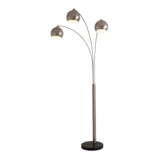 Original 1962 Triplet 3 Light Arc Floor Lamp - Satin Nickel, Black Marble Base, Dimmer Switch For Sale
