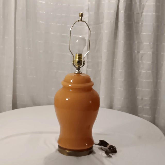 Vintage & Elegant Coral/Peach Colored Glass Ginger Jar Table Lamp With a Brass Base. Comes With a Beautiful Cotton/Linen...
