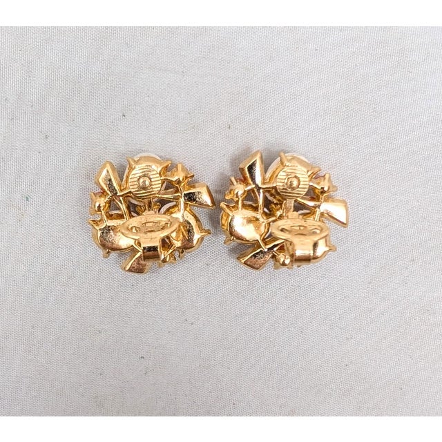 White Vintage 1959 Signed Crown Trifari Faux-Pearl & Cabochon Faux-Coral Clip Earrings-2 Pieces For Sale - Image 8 of 8