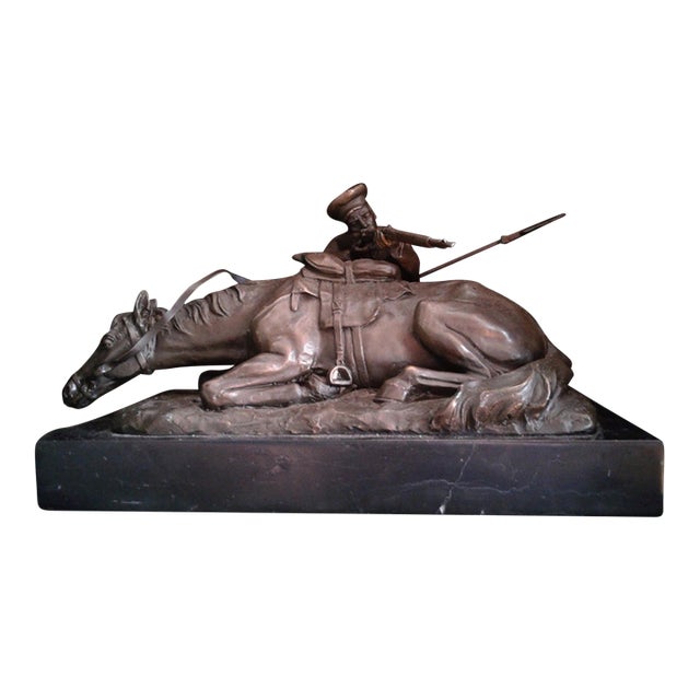 Antique Patinated Bronze Sculpture of a Cossack and Fallen Horse After Evgeny Lanceray For Sale